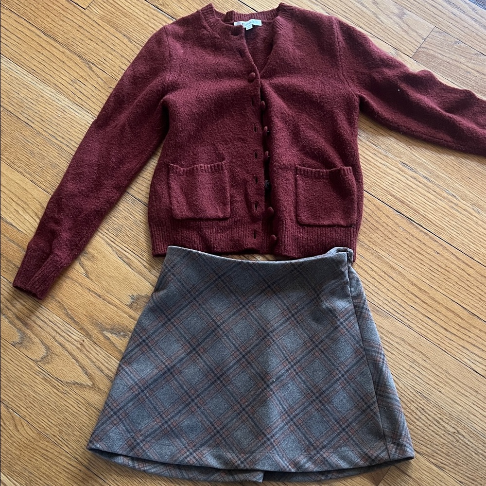 Madewell Deep Cardigan and wool princess polly schoolgirl skirt plaid 2
